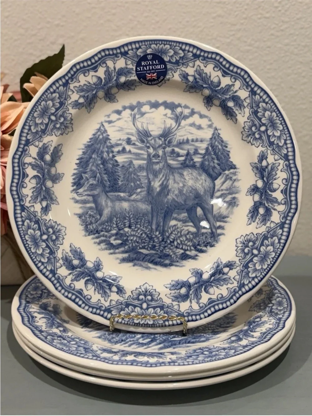 Royal Stafford 4 BLUE DEER STAG DINNER PLATES WOODLAND Thanksgiving 11